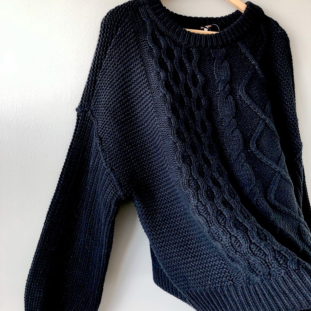 Free People sweater Women's Dream Cable Crew pullover sweater black cable knit - Picture 4 of 12